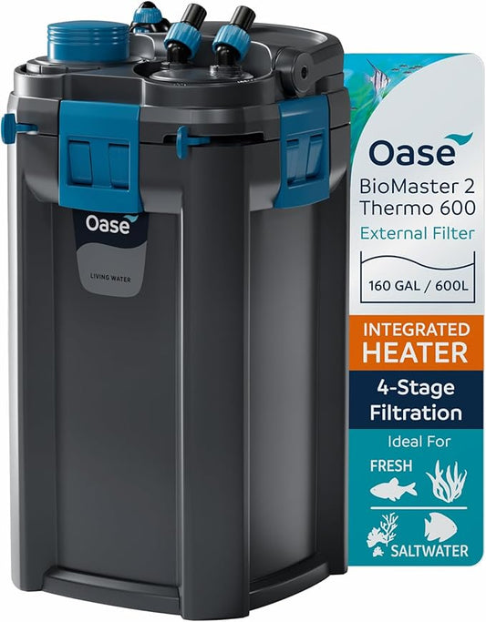 OASE BioMaster 2 Thermo 600 Canister Filter for Aquariums – External Aquarium Filter with Built-in Heater – EasyClean Pre-Filter, Quiet Operation – Freshwater & Saltwater, Up to 160 Gallons