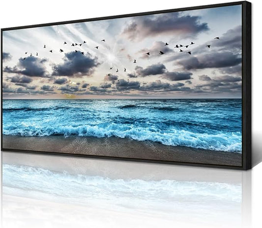 Wapluam Black And White Beach Wall Painting Black Framed Canvas Wall Art For Living Room Wall Decoration For Bedroom Office Wall Decor Blue Sea Wave Pictures Artwork Modern Hotel Room Home Wall Art