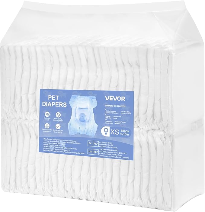 VEVOR Disposable Dog Diapers, Super Absorbent Female Dog Diapers, 360° Leak-Proof Female Doggy Pet Diaper with Wetness Indicator for Heat Period, Training, Incontinence - S, 96 Count (2 Packs of 48)
