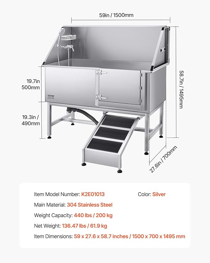 VEVOR Stainless Steel Dog Washing Station, Professional 62 inch Pet Grooming Tub w/Ramp, PE Water Filter Board, Faucet & Showerhead & Soap Holder Bathtub for Large & Medium & Small Pets (Right Door)