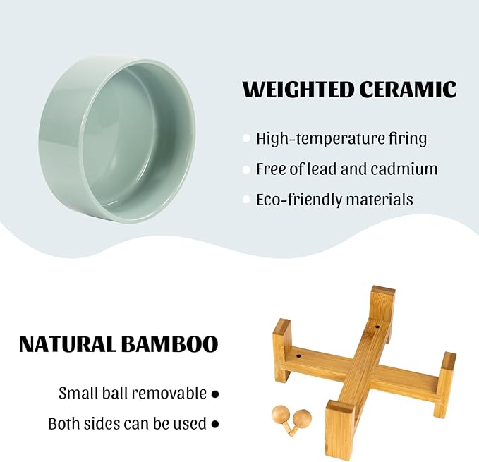 SPUNKYJUNKY 15° Slanted Ceramic Dog and Cat Bowl with Wooden Stand, Tilted Bulldog Food and Water Bowl No Slip Non-Spill for Cats Medium Dogs Big Face Pets 28.7 OZ (3.6 Cups, Morandi Green)