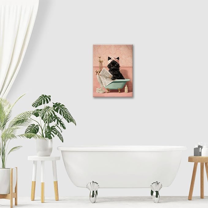 Cat Bathroom Wall Decor Black Cat Reading Newspaper in Bathtub Canvas Wall Art Funny Bathroom Pictures Kitten Painting Print Pink Artwork Framed Decorations Gifts 24"x20"