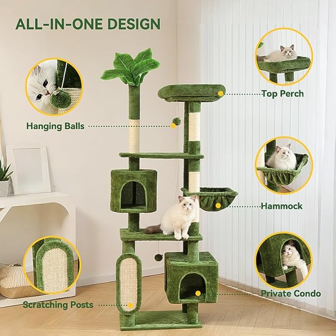 Hoopet 70-Inch Large Cat Tree for Multiple Cats Cat Tower with 2 Condos, Scratching Posts, Hammock & Platform, Plush Perch for Indoor Activity Relaxing Easy Assembly Green