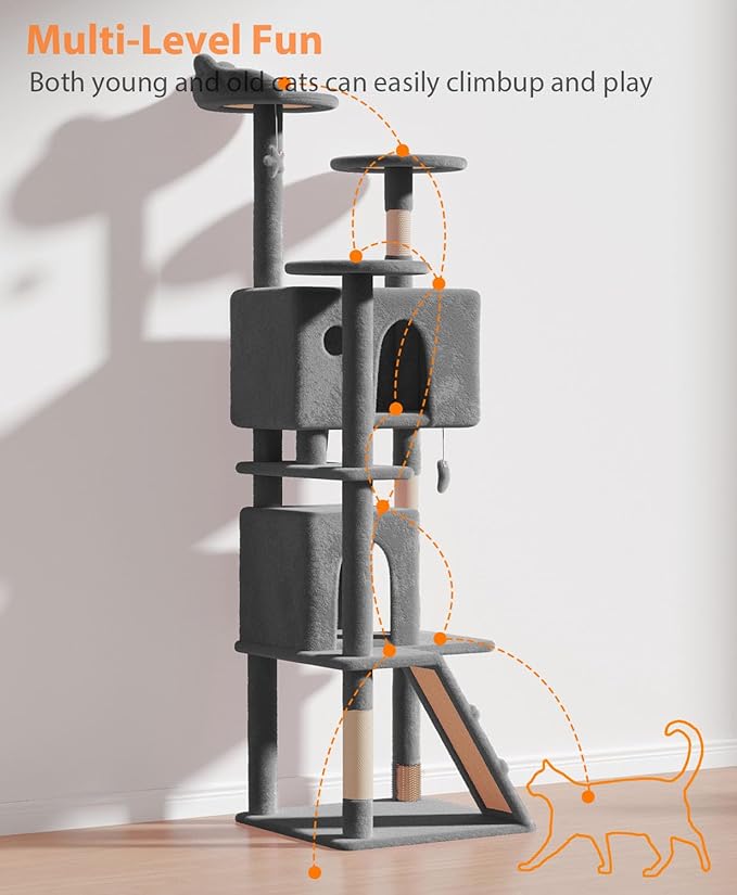77'' Cat Tree Tower for Indoor Cats Large Adult, Cute/Tall Modern Cat Tree for Big Cats 20 lbs, Plush Multi-Level Cat Condo with Scratching Posts, Dangling Ball (Smoky Gray, 77 inch)