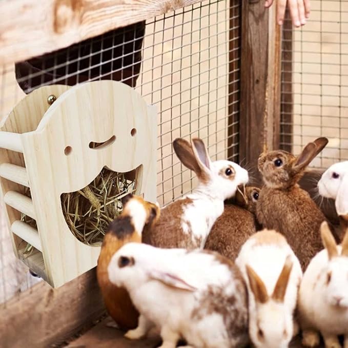 kathson Rabbit Hay Feeder Rack Wood Grass Holder Less Wasted Hay Box Food Feeding Manger Hanging Hay Dispenser for Bunny Chinchilla Guinea Pigs Small Animals
