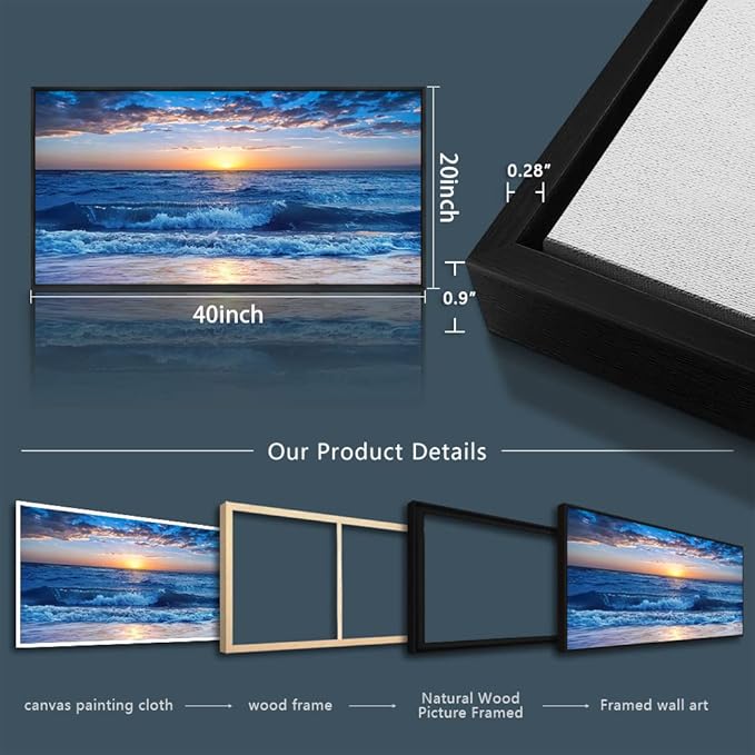 Sea Beach Framed Canvas Wall Art For Living Room Wall Decor For Bedroom Home Decor Blue Ocean Canvas Pictures Artwork Sunny Sea View Wave Painting Office Wall Decorations Black Framed 20" X 40"