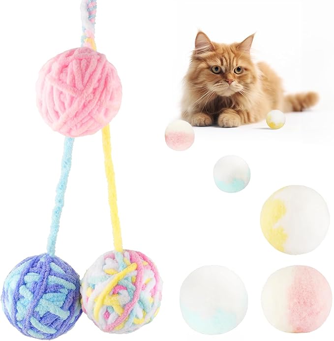 TUSATIY 9PCS Cat Ball Toy, Multi-Colored Cats Fuzzy Balls & Woolen Yarn Kitten Toys Balls with Bell Inside,Soft Interactive Cat Toys for Indoor Cats Self Play