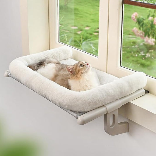 Cat Window Sill Perch with Large Bolster, Easy to Adjust & Assemble Cat Window Seat for Windowsill & Bedside, Pet Hammock Bed for Large Cats and Kittens (White, M)