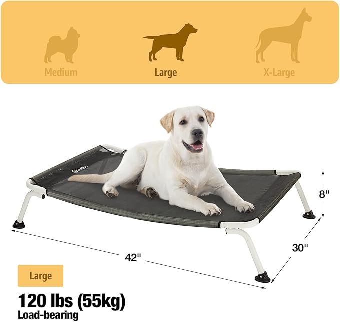 Veehoo Elevated Dog Bed for Outdoor, Cooling Waterproof Raised Dog Cots Beds for Large Dogs, Curved Off Ground Pet Hammock Cot Lifted for Outside, up to 85lbs, White Legs, Black 42"