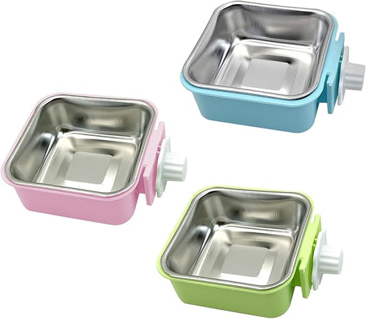 kathson Crate Dog Bowl, Removable Stainless Steel Hanging Pet Kennel Cage Bowl Food & Water Feeder Coop Cup for Puppy, Cat, Rabbit,Guinea Pigs 3pcs Square(Blue,Green,Pink)