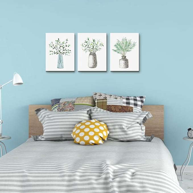 AHUASJART Canvas Wall Art Paintings For Kitchen Dining Room Large Size Wall Decor For Living Room Bedroom Wall Decoration Office Decor Green Leaf Vase Wall Pictures Artwork For Home Walls 3 Piece