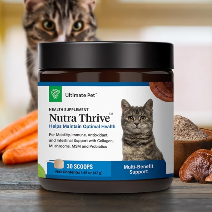Ultimate Pet Nutrition Nutra Thrive™ Cat Supplement, Vet-Developed Powder for Mobility, Immune Support, Antioxidants & Digestion with Probiotics, Collagen, & Superfoods, 30 Servings