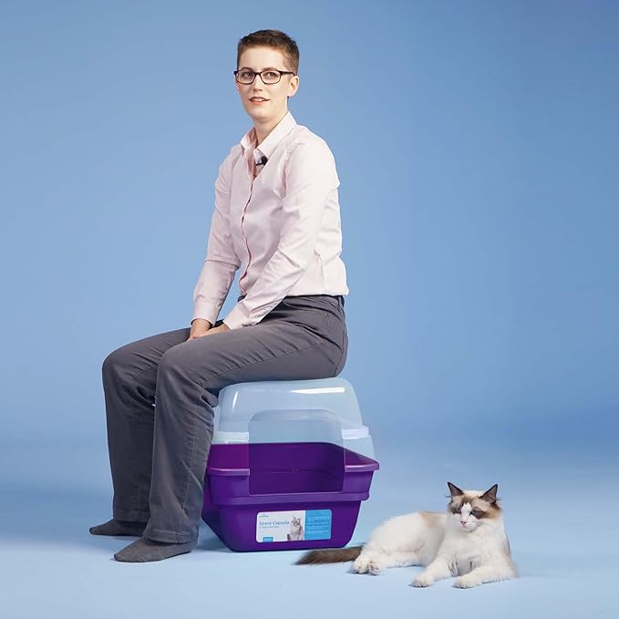 Petfamily Cat Litter Box, Large Foldable Jumbo Hooded Cat Litter Box with Transparent Lid (Purple)