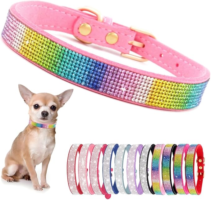 Rhinestone Dog Collar for Small Dogs, Bling Diamond Fancy Crystal Glitter Pretty Jewel Pet Puppy Collars for XXS XS Small Medium Large Breed Girl Dogs Female Cats Kitten, Colorful Pink S