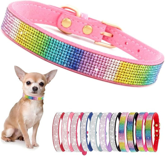 Rhinestone Dog Collar for Small Dogs, Bling Diamond Fancy Crystal Glitter Pretty Jewel Pet Puppy Collars for XXS XS Small Medium Large Breed Girl Dogs Female Cats Kitten, Colorful Pink XSmall