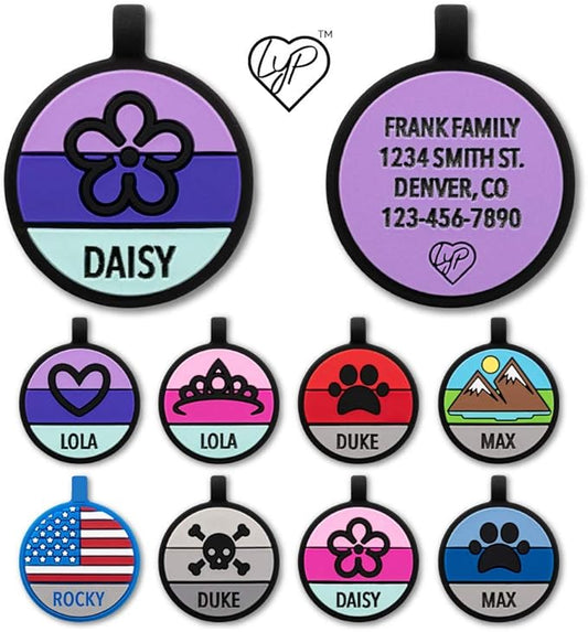 LYP - Our Original Soundless Pet ID Tag - Largest Line of Silicone Dog Tags - No More Jingling Dog Tags -Durable - Never Fades - Customized Deep Engraved Silicone (Flower - Purple)
