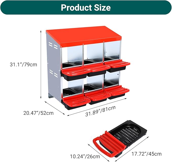 Nesting Boxes for Chickens, Chickens Laying Boxes for Chicken Coop, 6 Compartments Chicken Nesting Boxes, with Removable Tray, Easy Cleaning, for Hens Outdoor Chicken Coop Farm Yard, Red