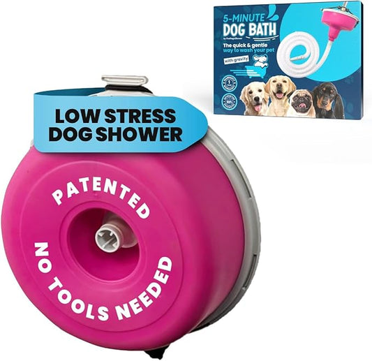 5-MinutePetBath Dog Bath Hose Attachment - Shower Head Accessory for Dog Washing - Low Stress Pet Shower - Portable Wash Station for Grooming, Rinse & Cleaning - Attachable Bathing Essential - Pink
