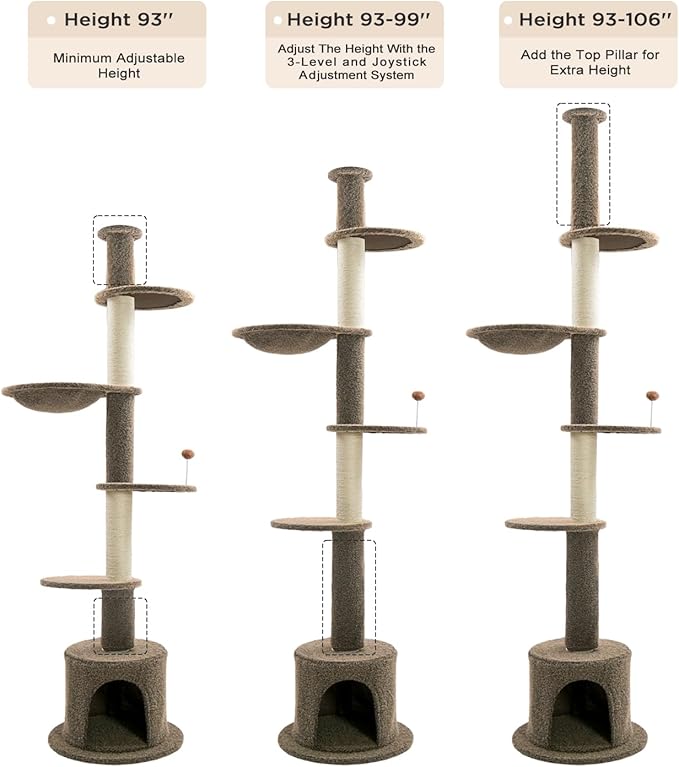 Made4Pets Floor to Ceiling Cat Tree 93-106'',Tall Cat Tower 5 Tiers, Adjustable Height, Stable Cat Tree Tower with Scratching Posts, Fluffy Condo, Hammock and Ball Toy for Indoor Cats/Kitten, Brown