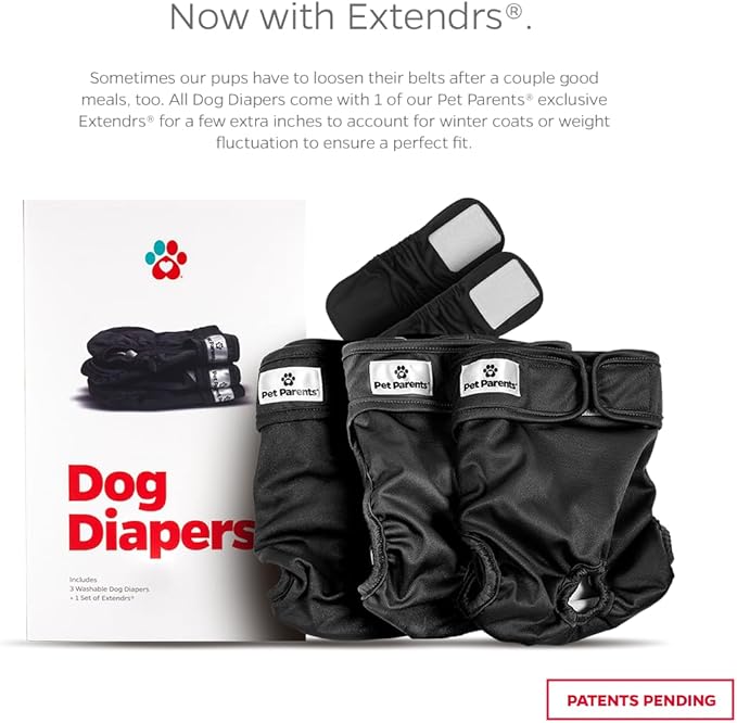 Pet Parents® Washable Dog Diapers (3pack) + Extendrs® of Durable Doggie Diapers, Premium Dog Diapers Female & Male (X-Small, Black)