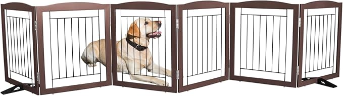 ZJSF Freestanding Dog Fence Indoor, Foldable Dog Gate for Doorways, Stairs or Hallways, Sturdy Wood Extra Wide Pet Gate with Support Feet for The House, Brown, 24 "Height-6 Panels