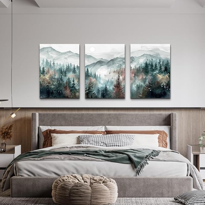 TTHYUEWS Wall Art For Living Room Farmhouse Wall Decor For Bedroom Wall Pictures for Office Fog Forest Mountain Landscape Watercolour Wall Paintings Artwork Ready To Hang Home Decorations 3 Piece