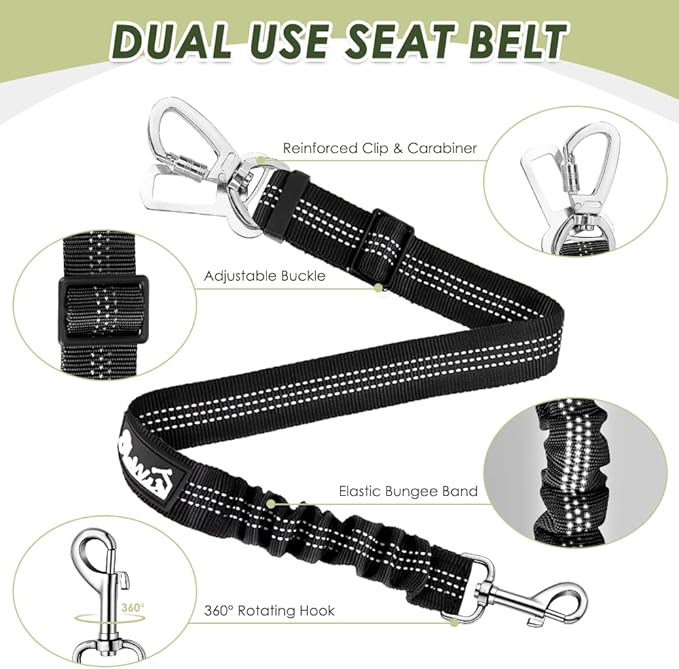 SlowTon Dog Seat Belt Harness for Car, Dog Car Harness Adjustable Mesh Breathable & Dog Seatbelt Safety Tether with Elastic Bungee for Small Medium Large Pets(Lime, Double Clip, M)
