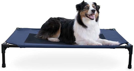 K&H Pet Products Outdoor Elevated Dog Cot, Breathable Cooling Elevated Cot Hammock Pet Bed for Large Dogs, Washable Mesh Cover, Raised Metal Frame, Collapsible, Portable - Large 42 X 30in Blue
