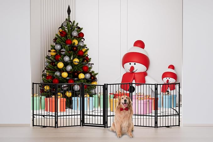 Full Metal Freestanding Dog Gate with Door, 32''Height Foldable Pet Dog Fence for Indoor & Outdoor, 6 Panels Extra Wide Free Standing TallDog Gates for Doorways,House,Stairs,Porch,Deck,Yard