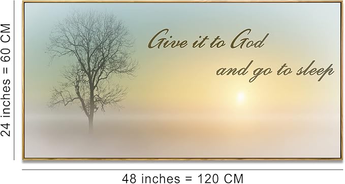 Lasdel Natural Extra Framed Wall Art of Misty Sunset & Tree Plant Picture For Bedroom Home Above Bed,Large White Country Wood Sign For Bathroom,Give It To God & Go to Sleep Artwork Decor,24x48