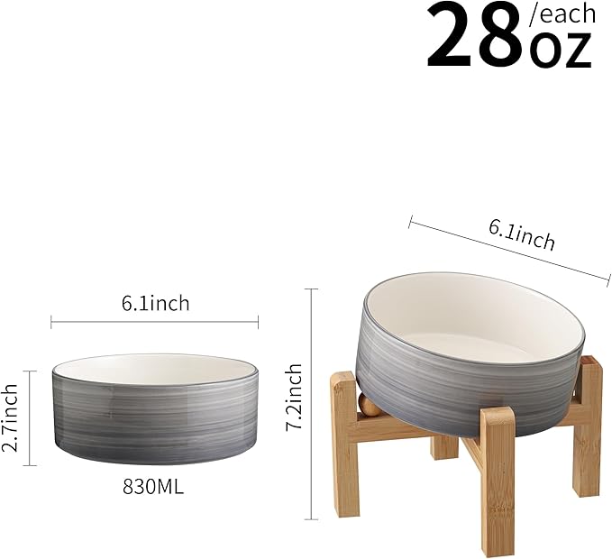 Elevated/Raised 15°Tilted Anti Slip Ceramic Dog Bowls,Slanted Bulldog Pet Food Water Feeding Dish Stand for Cats and Dogs (3.6 Cups/28 OZ) Grey White