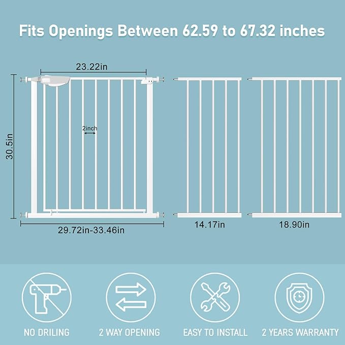 WAOWAO Triple Lock Baby Gate Extra Wide 62.59-67.32" Pressure Mounted Walk Through Swing Auto Close Safety White Metal Dog Pet Puppy Cat for Stairs,Doorways,Kitchen