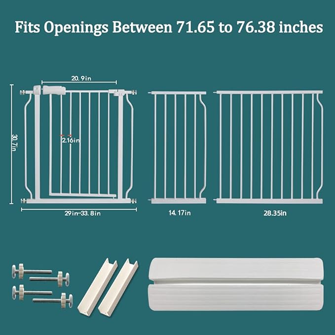 ALLAIBB Extra Wide Pressure Mounted Baby Gate Walk Through Child Kids Safety Toddler Tension White Long Large Pet Dog Gates with Extension for doorways Kitchen and Living Room (71.65-76.38"/182-194cm)