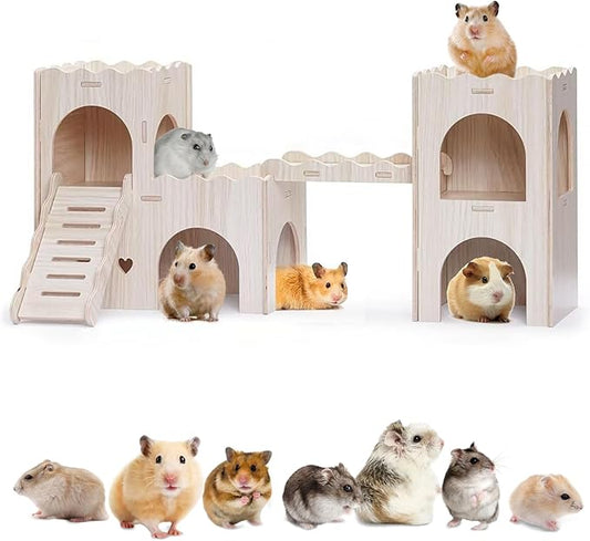 Large Wooden Hamster House Castle with Double Decker,Large Hamster, Wooden Hamster Houses,Dwarf Hamster Habitat Hideout with Climbing Ladder,Large Guinea Pig Castle Detachable Hideouts(B)