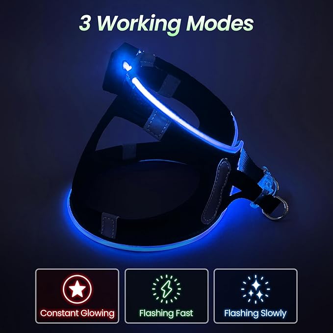 PceoTllar Light Up Dog Harness, LED No Pull Reflective Dog Harness, Flashing Lighted for Night Walking - Small/Medium, (Black Blue,xs)