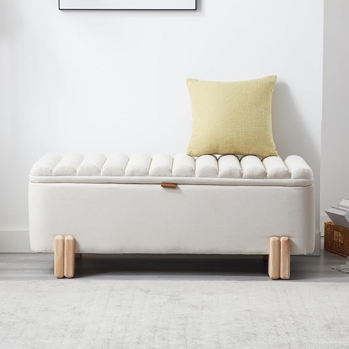 Kmax 45" Storage Bench Linen Entryway Bench Upholstered Ottoman Bench with Wavy Top & Safty Hinge for Bedroom Living Room Hallway, Beige