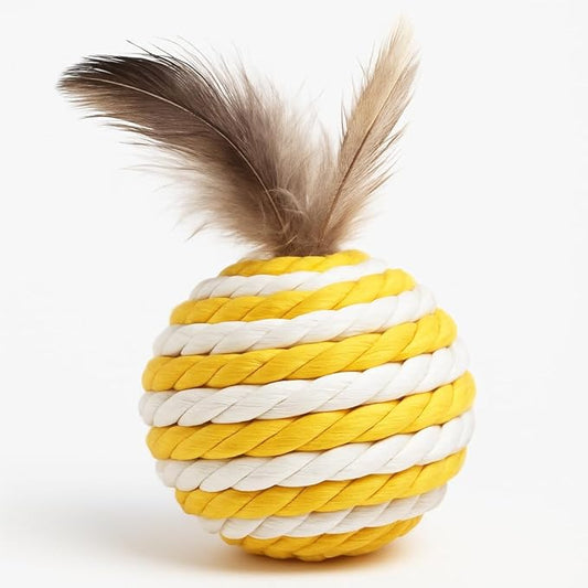 Ball for cat with Feathers - Balls for Cats – Natural Toy for Indoor Cats – Eco-Friendly, Durable, Interactive Play Balls for Kittens – Pet-Safe Chew & Scratch Toys (Yellow)