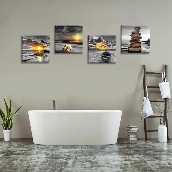 Yxbhhym Black and White Gold Beach Wall Art Ocean Canvas Seascape Prints Posters Zen Wall Decor Sea Sunrise Scenery Wall Pictures Coastal Paintings for bathroom Wall Art Framed -12"x12"inches x 4 pcs