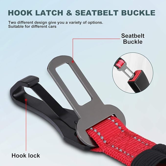 IOKHEIRA Dog Seat Belt 3-in-1 Car Harness for Dogs Adjustable Safety Seatbelt for Car Durable Nylon Reflective Bungee Fabric Tether with Clip Hook Latch & Buckle, Swivel Zinc Alloy Carabiner Red