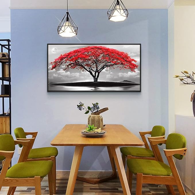 Framed Canvas Wall Art For Living Room Bathroom Wall Decor Black And White Landscape Red Tree Moon Scenery Hang Painting Home Decorations For Office Bedroom Kitchen Works Canvas Prints Pictures