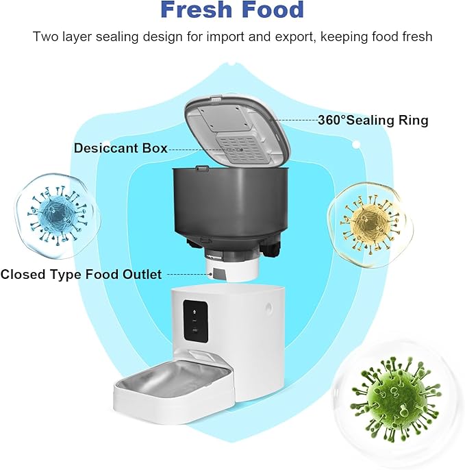 2.4G WiFi Automatic Cat Feeder, 4L Food Dispenser with 10s Voice Recorder, Pet Feeder up to 10 Meals per Day, Timed Cat Feeder with Dry Food Sealed Ring (White, 4L-WiFi)