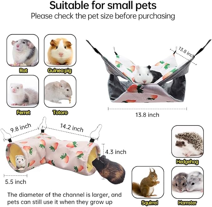 Large Caliber Guinea Pig & Rat Tunnel Hideout & Hammock, Corner Hideout Toy for Guinea Pig, Ferret, Hedgehog & Piggy to Hide and Shuttle (2. Hammock&Tunnel-Strawberry)