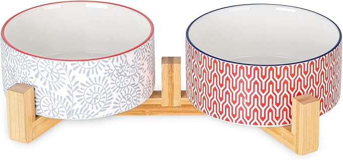 Selamica Ceramic 30 OZ Dog Bowls, Dog Food and Water Bowls with Wooden Stand, Anti-Slip Dog Dishes Set for Cats Small & Medium Sized Dogs, Weighted Pet Bowls Set of 2, Assorted Colors B