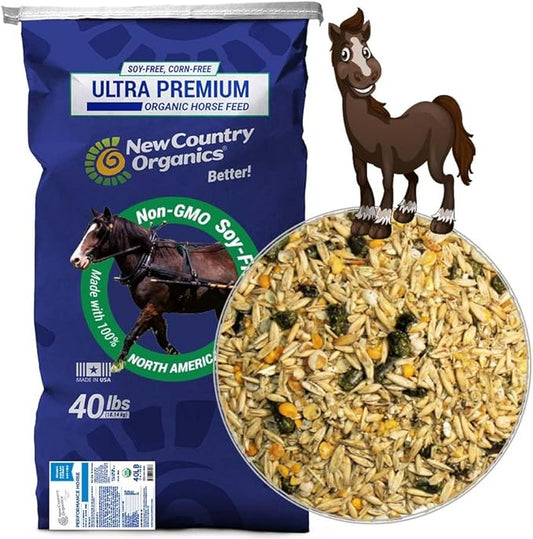 New Country Organics | Performance Horse Feed for Horses in Light to Moderate Work | Corn-Free and Soy-Free | 12% Protein | Certified Organic and Non-GMO | Horse Feeder with Grains & Oats 40 lbs