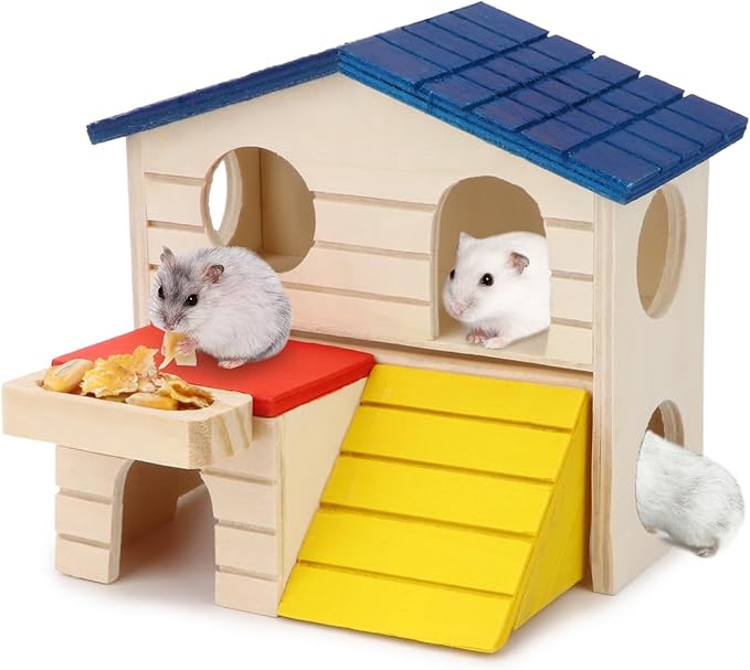 Hypeety Wooden Hamster House Maze Villa Cage for Dwarf Hamsters Gerbils Small Pets Exercise Climbing Toy Platform Multi-Level Hideout 6.1x2.95x5.9inch Blue