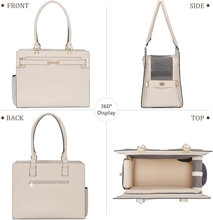 2-in-1 Stylish Dog Purse Carrier Soft-Sided Carriers Travel Tote Bag for Small Dogs Cats, Fashion Foldable Pet Bag for Puppies Small Animals with Pockets (White, 15" L x 7.5" W x 12.2" H)