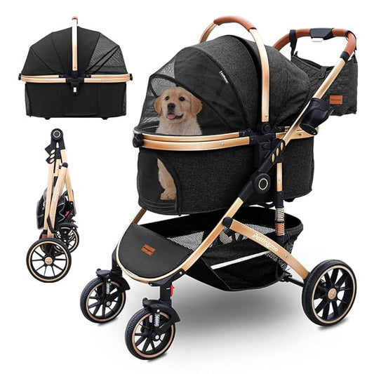 Pettingzoo Dog stroller with 4 Wheels, Folding Cat Stroller for Small/Medium/Large dogs & cats to 60 lbs, pet stroller with removable carrier, Storage Basket,Cup Holder,3 in1 Multifunctiona Detachable