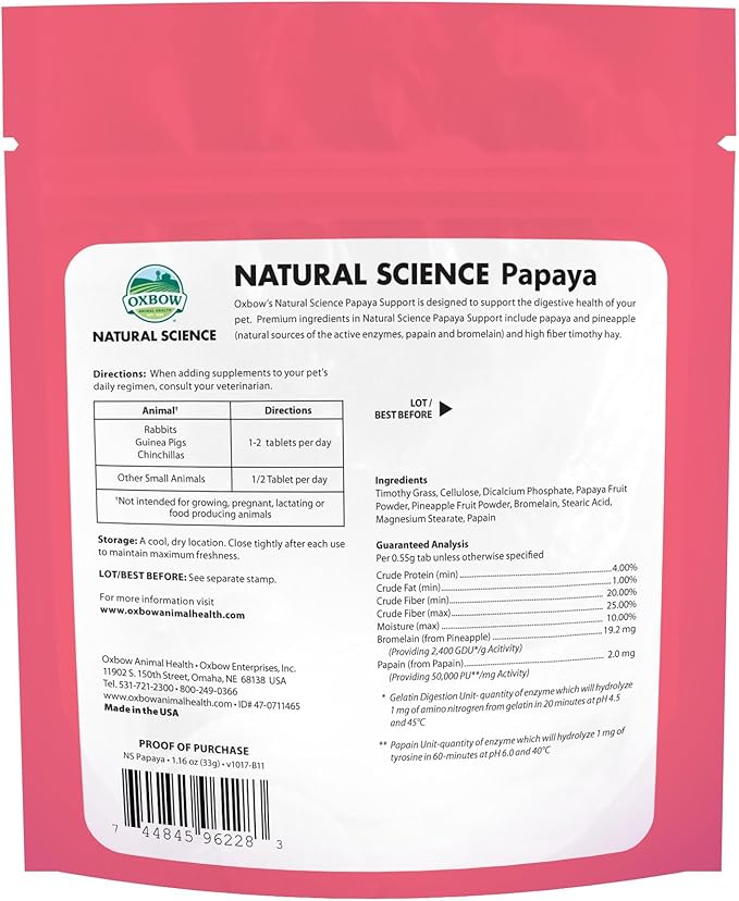 Oxbow Animal Health Papaya Support, High Fiber Digestive Supplement for Rabbit & Guinea Pig, Made with Timothy Hay, Includes Papaya, Pineapple, Papain, & Bromelain, Made in USA, 1.16 oz Bag