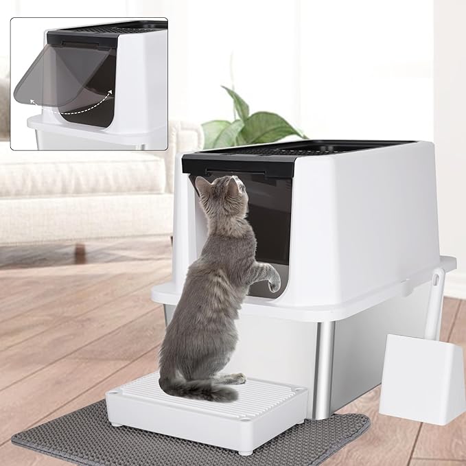 RIZZARI Stainless Steel Cat Litter Box, Odorless Enclosed Litter Box with Top Holes, Large Litter Pan for Small to Large Sized Cats (Black, 24" L*16" W*18" H)