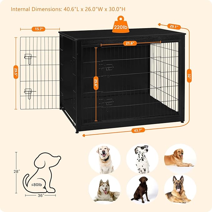 DWANTON Dog Crate Furniture with Cushion, Wooden Kennel Table with Double Doors, Indoor Dog House, Extra Large Size, 43.3" L, Black